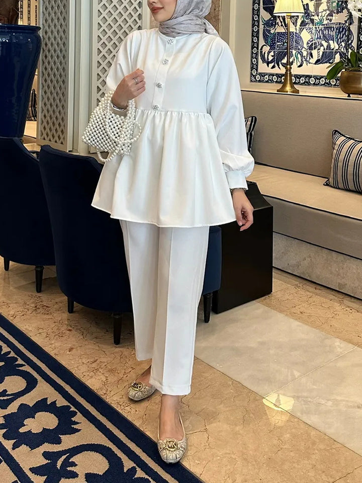 Damen Elegantes Tunika‑Hosen‑Set mit geraffter Empire‑Tunika und schlanker Anzughose Echoarchiv