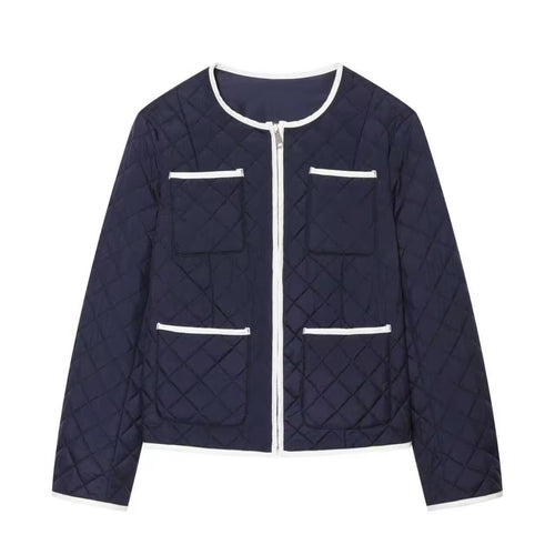 Damen Kurz gesteppte Jacke mit Rundhals, Kontrastpaspel und aufgesetzten Taschen Echo Archiv