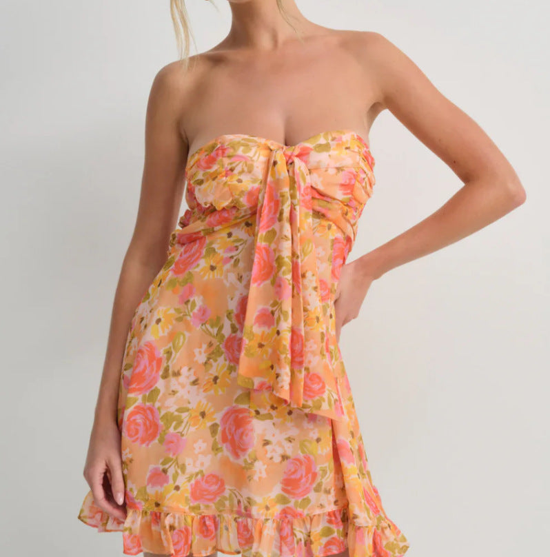 Damen nan trägerloses Chiffon-Sommerkleid mit Blumenmuster Bandeau-Oberteil und Volantbesatz Echo Archiv
