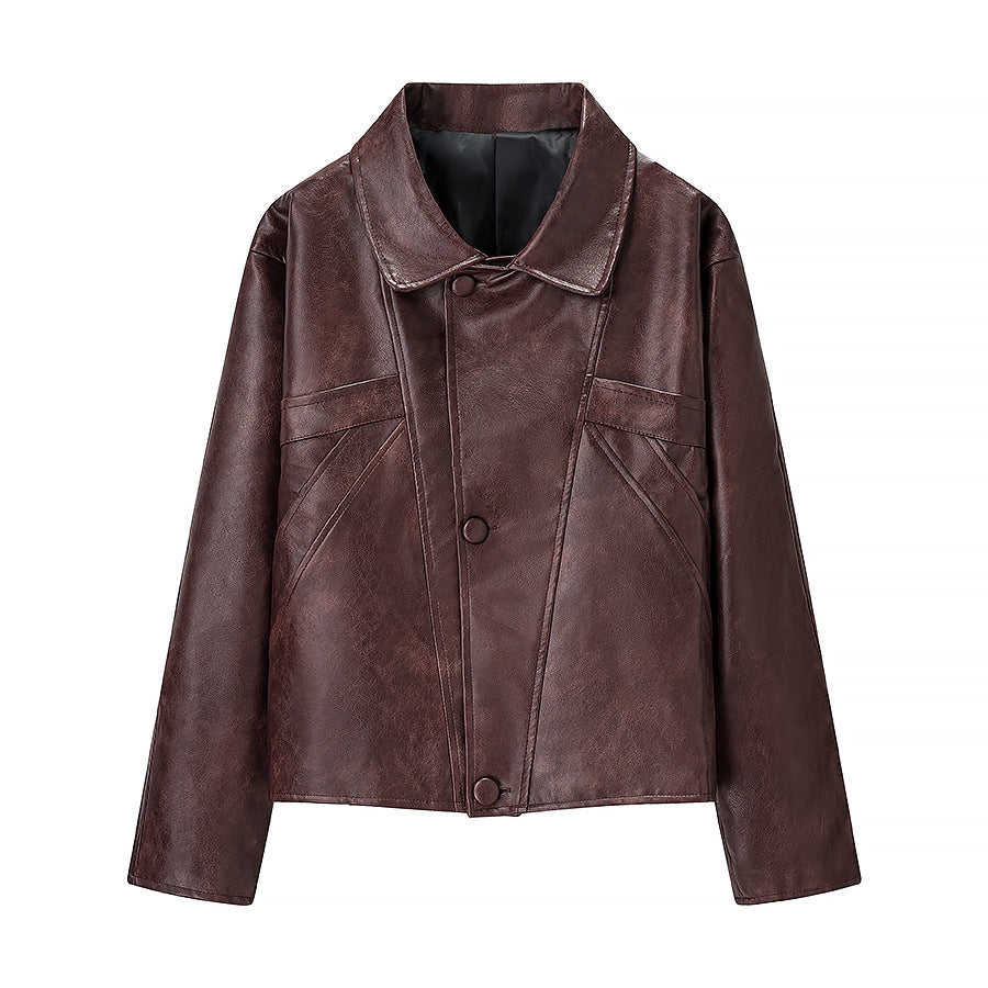 Damen Kurz geschnittene Oversize-Lederjacke mit Rundkragen und Pattentaschen Echo Archiv