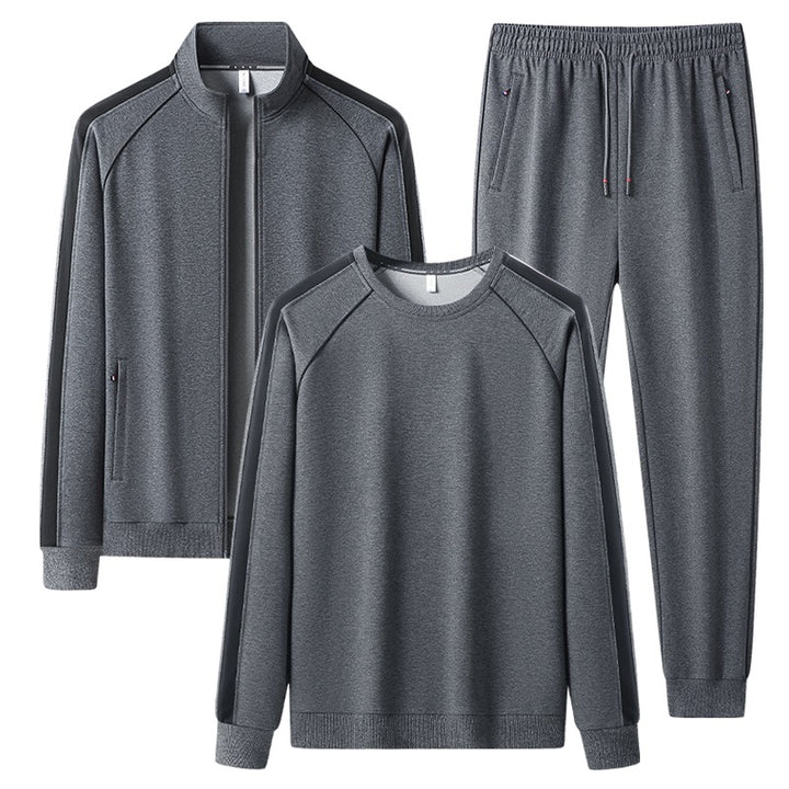 [Herren] Zweiteiliges Trainingsset mit Stehkragen-Zipjacke, Rundhals‑Sweatshirt und konisch geschnittener Jogginghose aus atmungsaktivem Fleece Echoarchiv