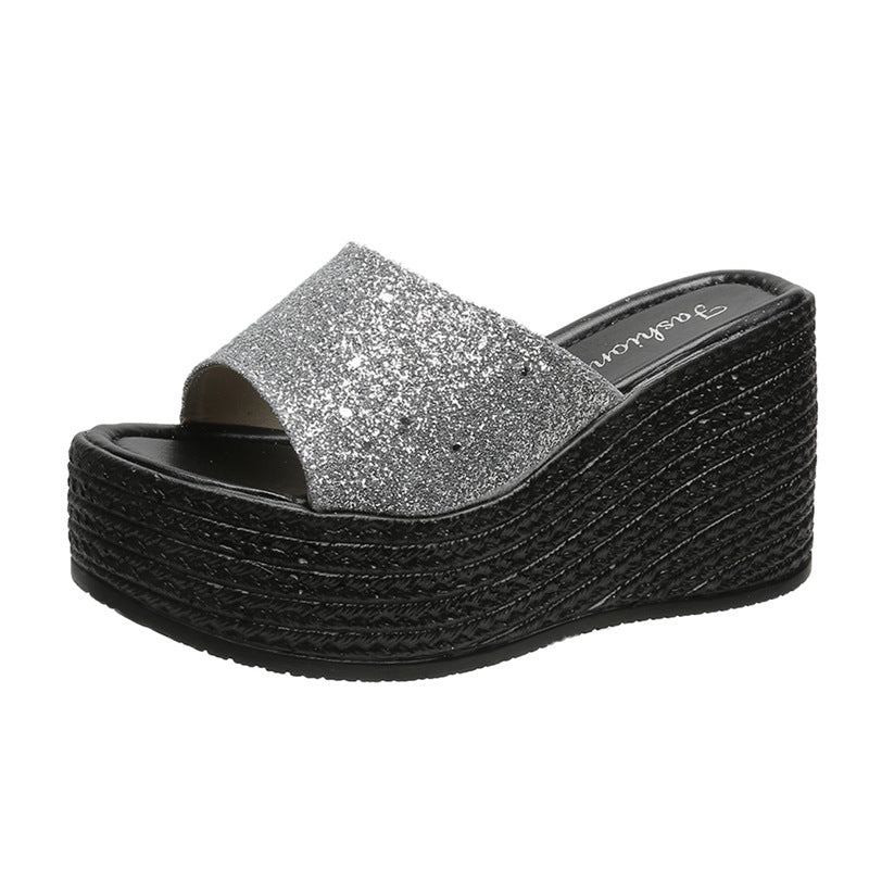 Damen nan offene Plateau-Mule mit glitzerndem Riemen, geprägter Keilsohle und gepolstertem Komfortfußbett Echo Archiv
