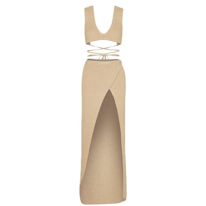 Damen elegantes Kleid mit tiefem Schlitz und verspielten Trägern Echo Archiv