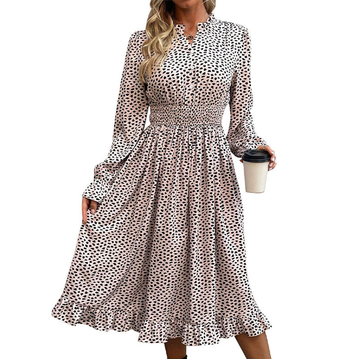 Damen Midikleid mit Smock-Taillenbund, Knopfleiste, Stehkragen und Volantrock Echoarchiv