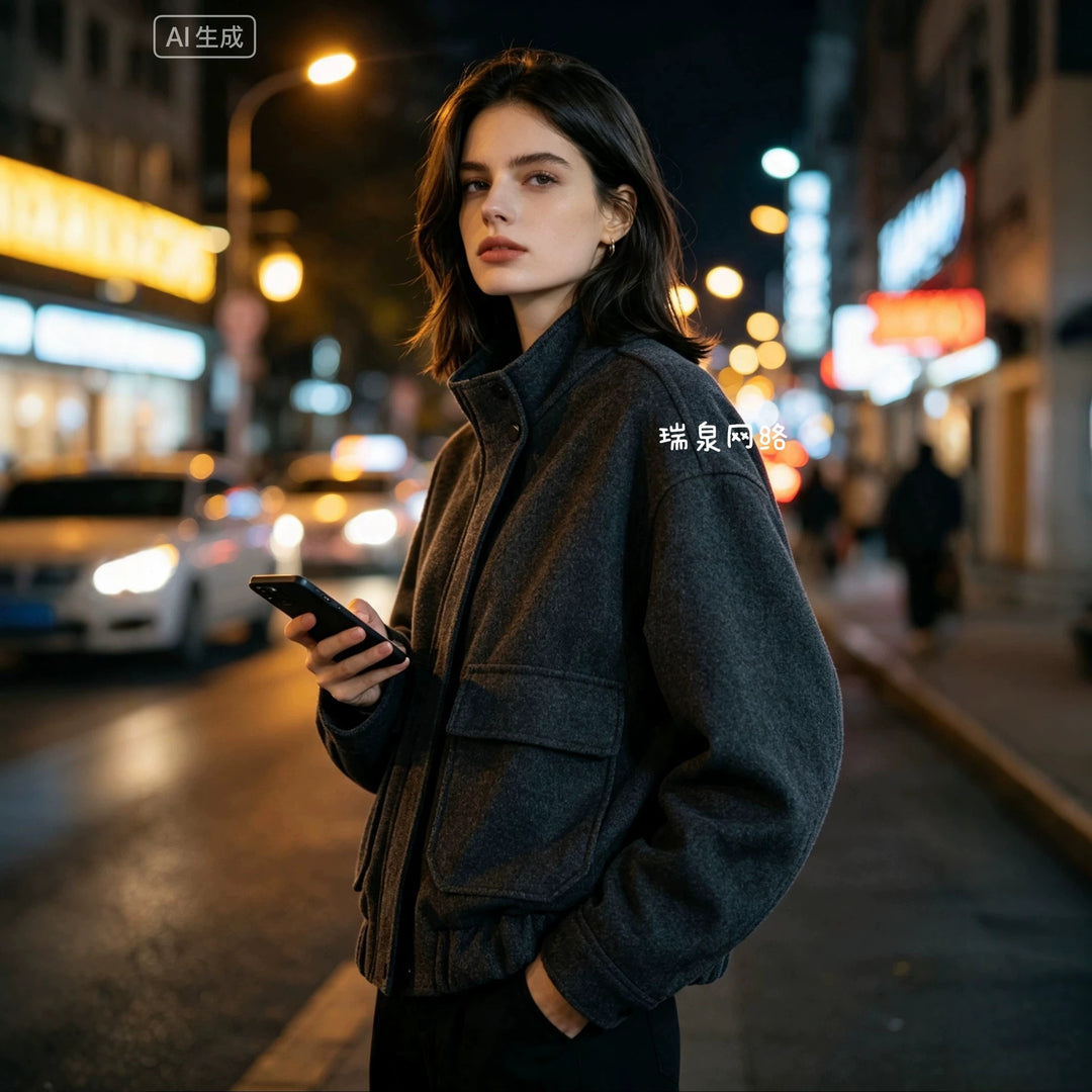 Damen Boxy-Übergangsjacke aus Wollmix mit Stehkragen, aufgesetzten Klappentaschen und elastischem Saum Echoarchiv