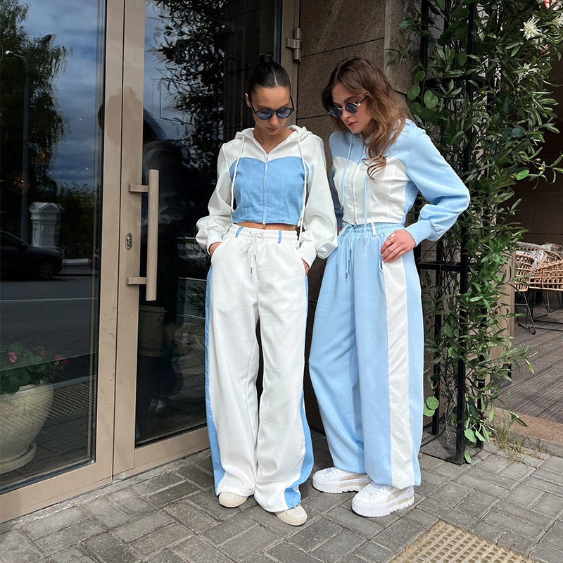 Damen nan zweiteiliges Cropped-Hoodie-Set mit Reißverschluss, elastischem Komfortbund und weitem Seitenstreifen-Hose Echo Archiv