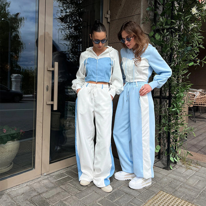 Damen nan zweiteiliges Cropped-Hoodie-Set mit Reißverschluss, elastischem Komfortbund und weitem Seitenstreifen-Hose Echo Archiv