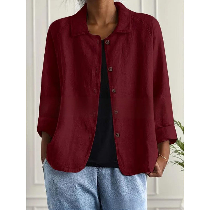 Damen Leichte Leinenoptik-Bluse mit lockerer Passform, 3/4-Ärmeln und Knopfleiste – Élovi