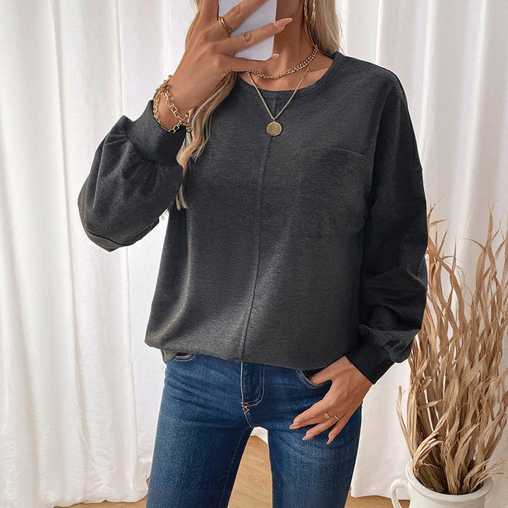 Damen Lässiges Langarm-Jerseyshirt mit Mittiger Ziernaht, Rundhals & abgerundetem Saum – Avérine