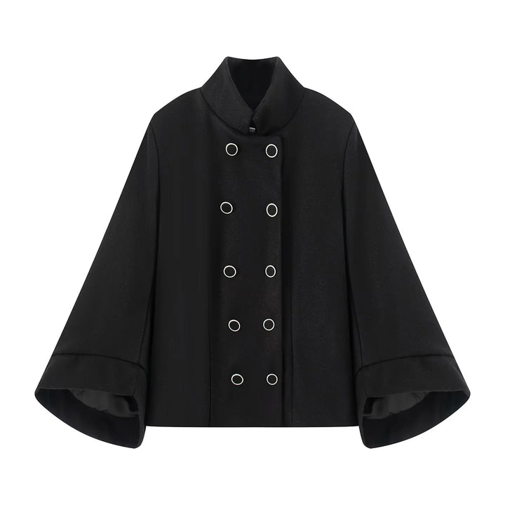 Damen kastiger zweireihiger Cape-Mantel mit weiten Glockenärmeln und Stehkragen – Montévia