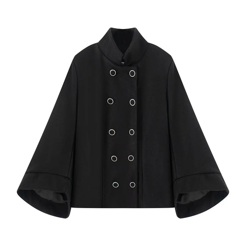 Damen kastiger zweireihiger Cape-Mantel mit weiten Glockenärmeln und Stehkragen – Montévia