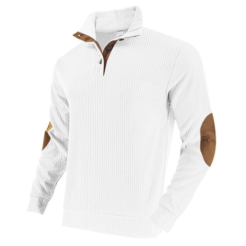 Herren Stehkragen Pullover mit eleganter Rippstruktur und Lederapplikationen Echoarchiv