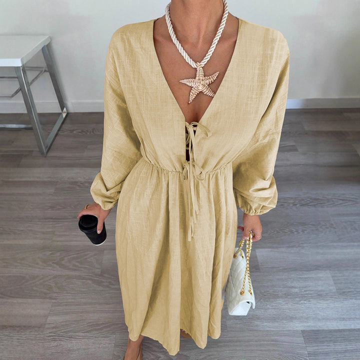 Damen Maxi‑Leinenkleid mit V‑Ausschnitt, Bindefront und Ballonärmeln – Avérine