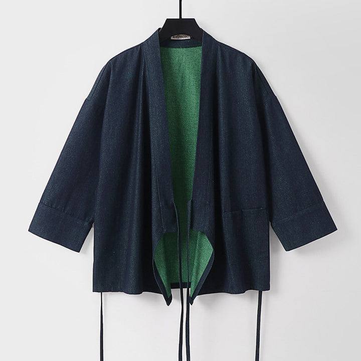 Damen Leichte zweifarbige Kimono-Jacke mit Bindebändern und kontrastiertem Innenfutter Echoarchiv