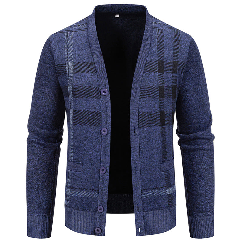 Herren stilvolle Strickjacke mit modernem Karomuster und praktischen Taschen Echoarchiv