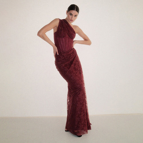 Damen elegantes Abendkleid mit asymmetrischem One-Shoulder-Design und floralem Spitzenbesatz Echo Archiv