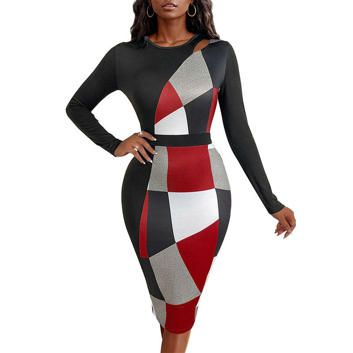 Damen Figurbetontes Midikleid mit grafischem Colorblock-Muster, Cut-Out-Schulter und taillierter Silhouette Echoarchiv