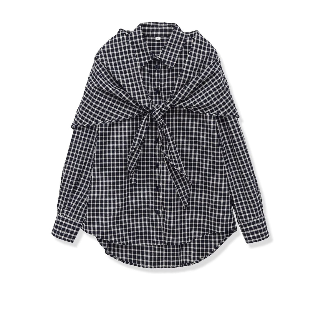 Damen Oversize Karo-Hemdbluse mit Cape-Schulter und Bindeschleife Echo Archiv