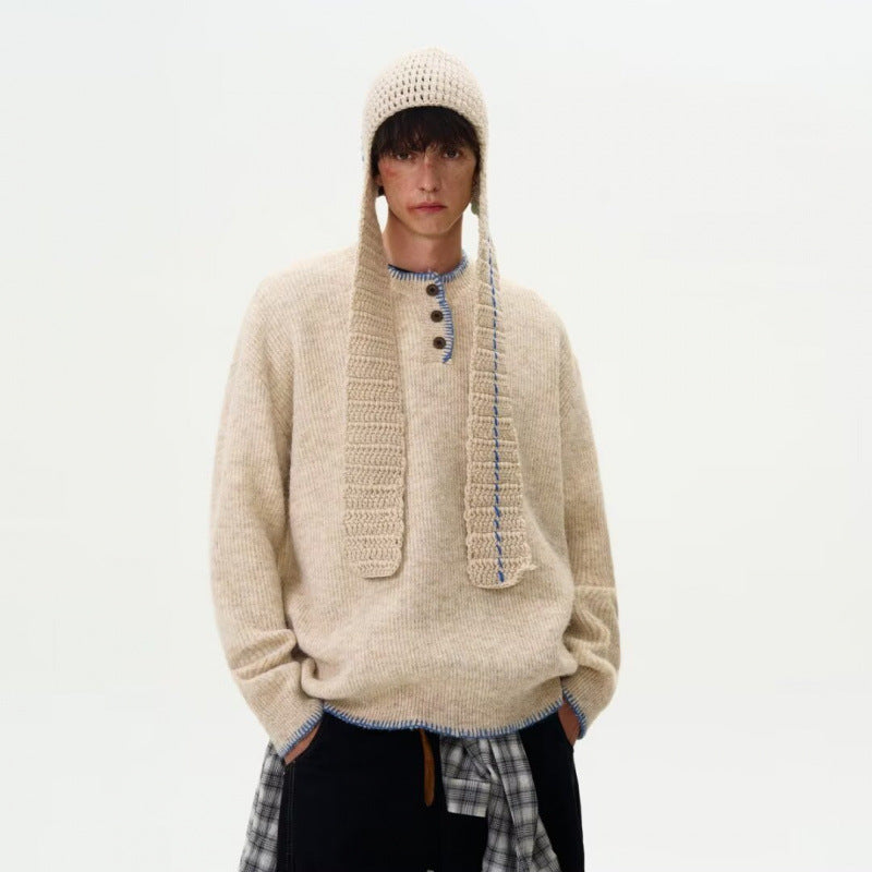 Herren Grobstrick-Henley-Pullover mit Bouclé-Optik und kontrastierten Bündchen Echoarchiv