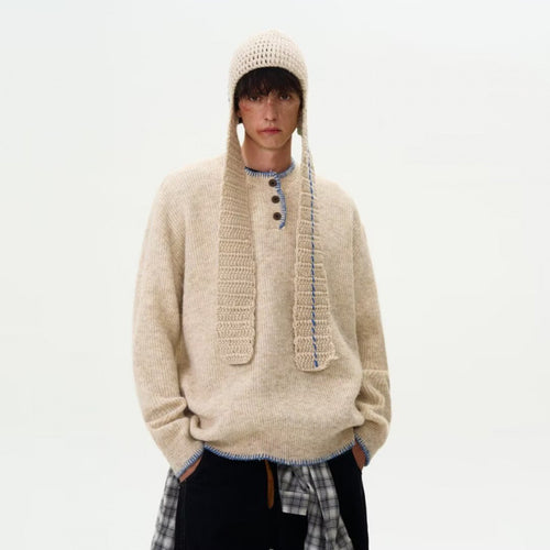 Herren Grobstrick-Henley-Pullover mit Bouclé-Optik und kontrastierten Bündchen Echoarchiv