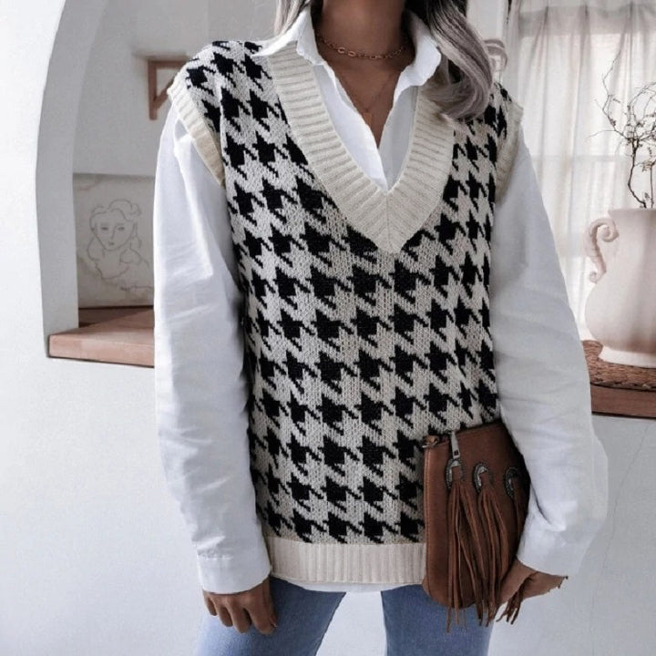 Damen Oversize Strickweste mit Hahnentritt-Muster und V-Ausschnitt Echo Archiv