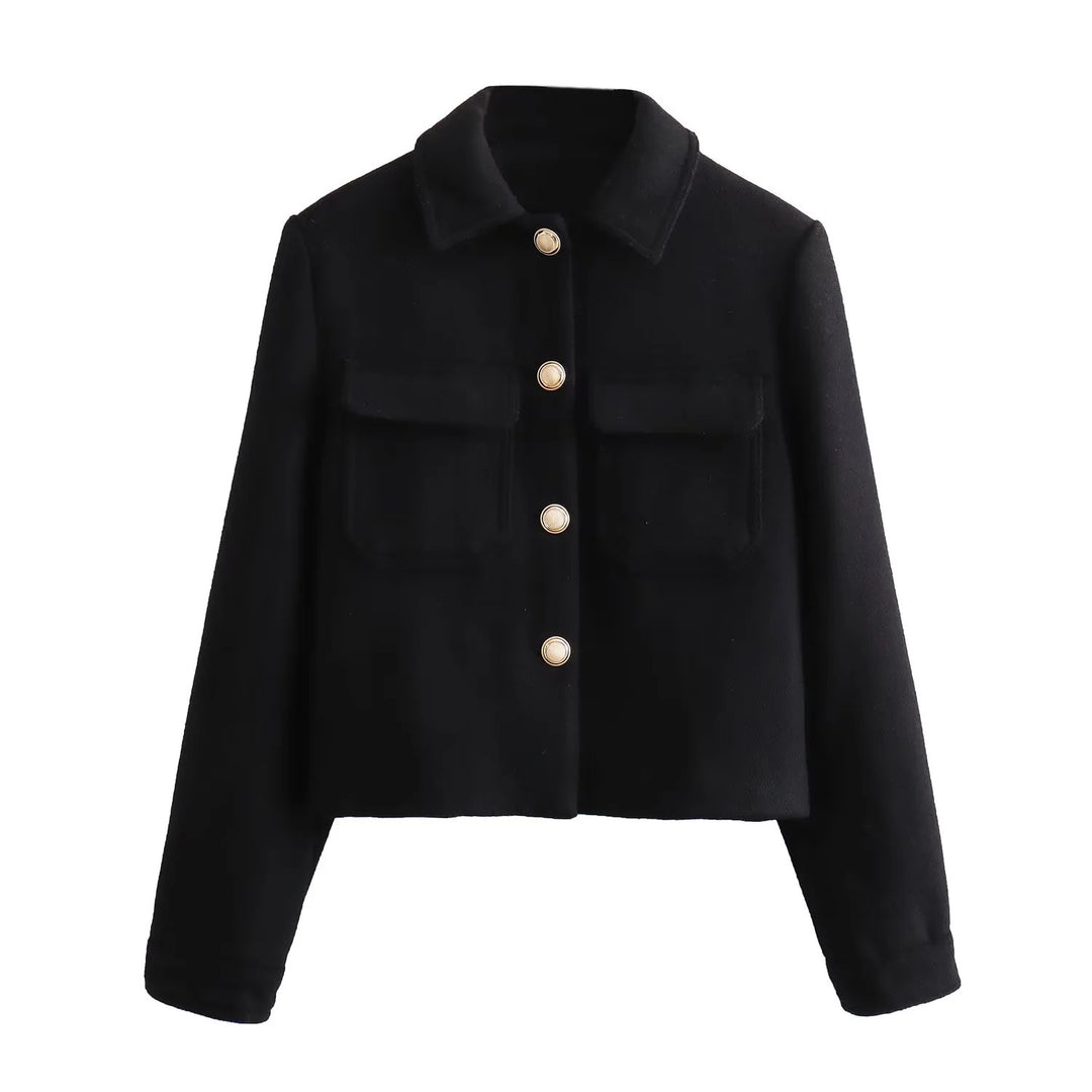 Damen kurze Wolloptik-Boxyjacke mit aufgesetzten Pattentaschen und klassischem Kragen – Célinea