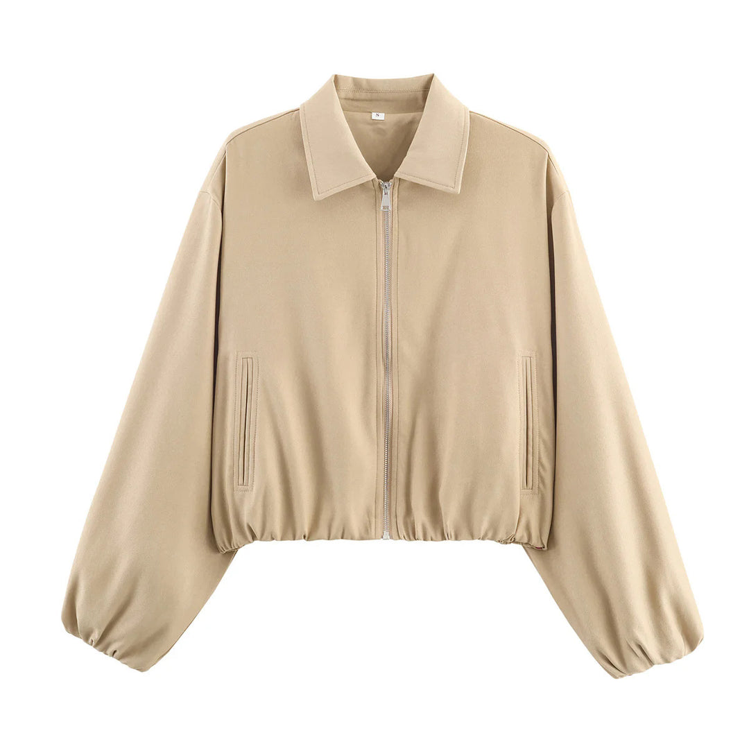 Damen nan Cropped Bomberjacke mit durchgehendem Reißverschluss, weitem Ballonärmeln und elastischem Saum Echo Archiv