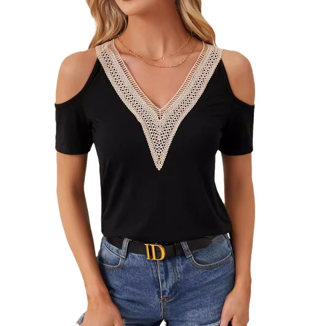 Damen nan leichtes Jerseyshirt mit offenen Schultern, tiefem V-Ausschnitt und gehäkeltem V‑Einsatz Echo Archiv