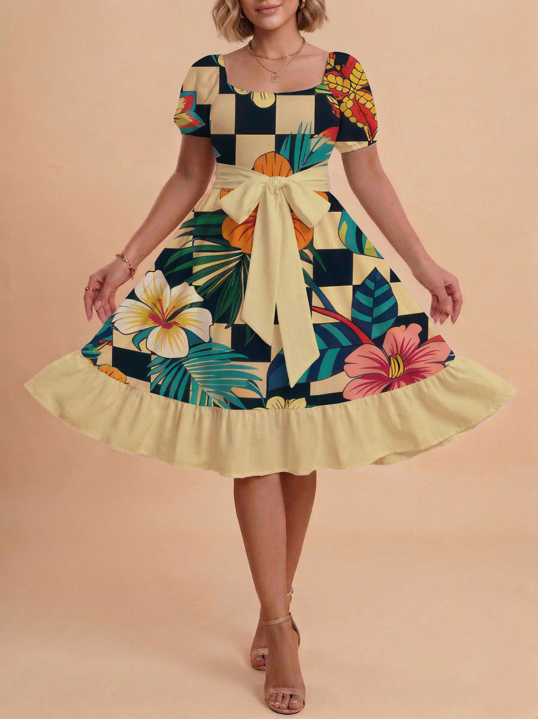 Damen Midikleid mit verspieltem Druck und tailliertem Schnitt Echo Archiv