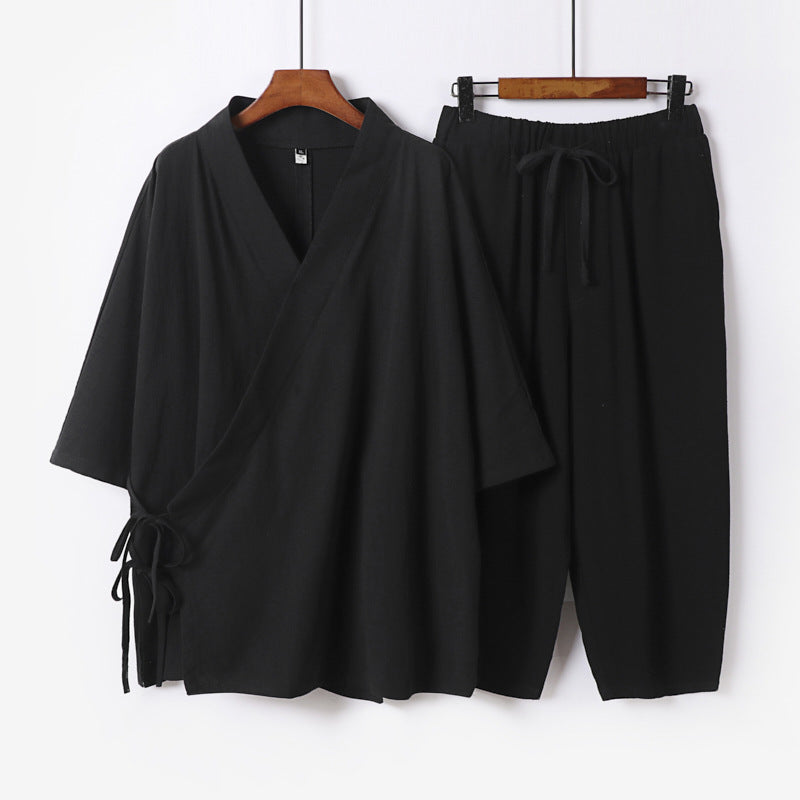 Herren Kimono-Loungewear-Set mit Wickeloberteil, Kordelbundhose und lockerer Passform Echoarchiv