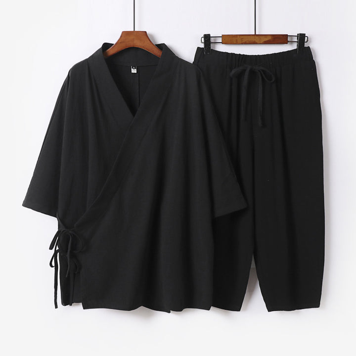 Herren Kimono-Loungewear-Set mit Wickeloberteil, Kordelbundhose und lockerer Passform Echoarchiv