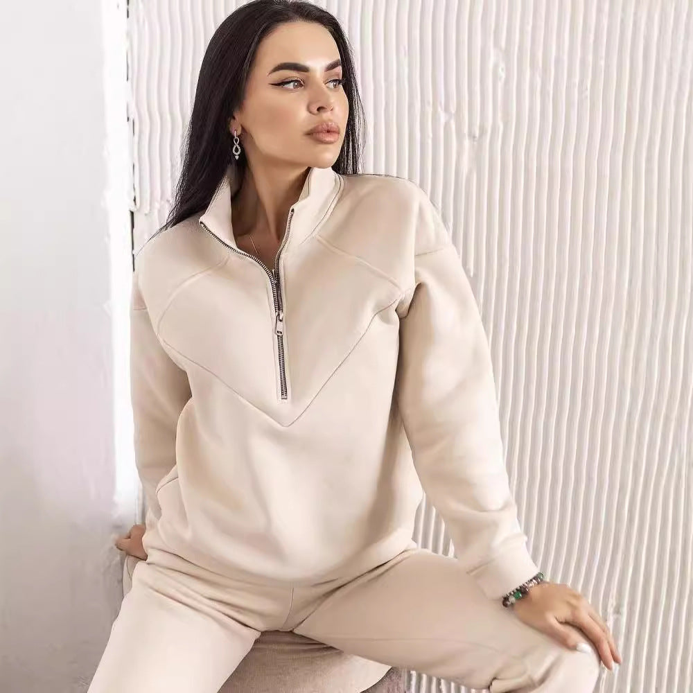 Damen Zweiteiliges Sweat-Loungewear-Set mit Troyer-Reißverschluss und elastischer Jogginghose Echoarchiv