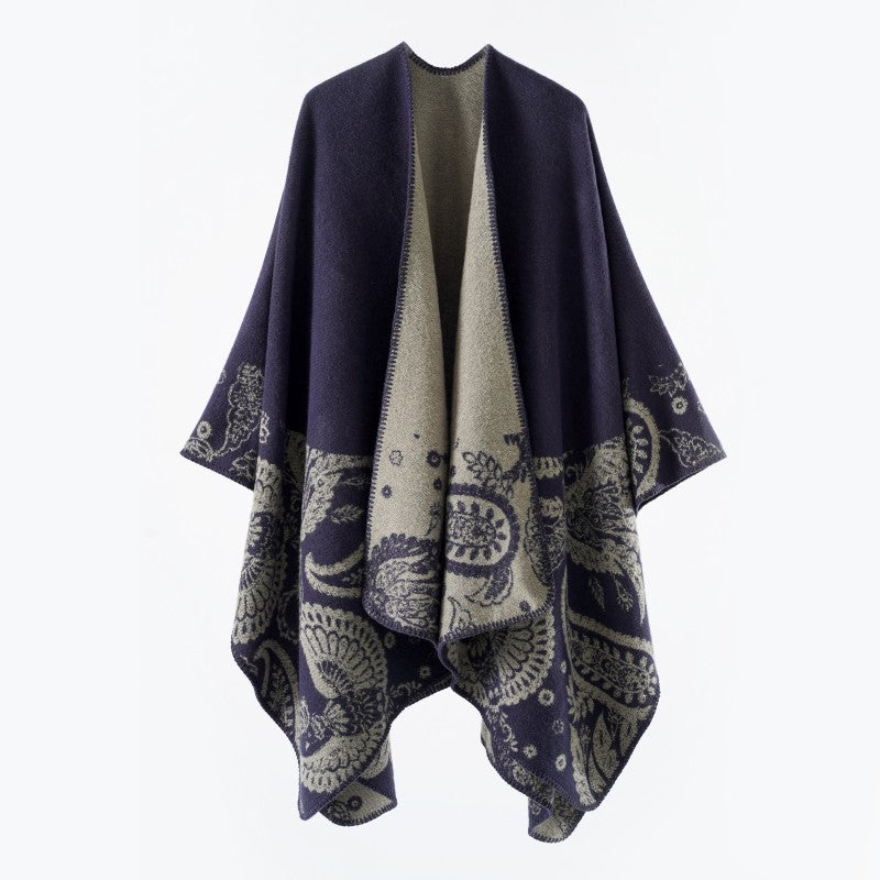Damen Reversibler Jacquard-Capeponcho aus Wollmix mit Paisley-Motiv und offenem Fall – Montévia