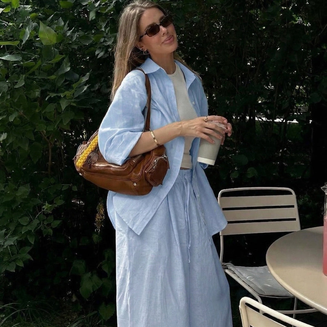 Damen nan luftiges Leinen-Loungeset mit Oversize-Hemd und weiter Bundhose mit Gummizug Echo Archiv