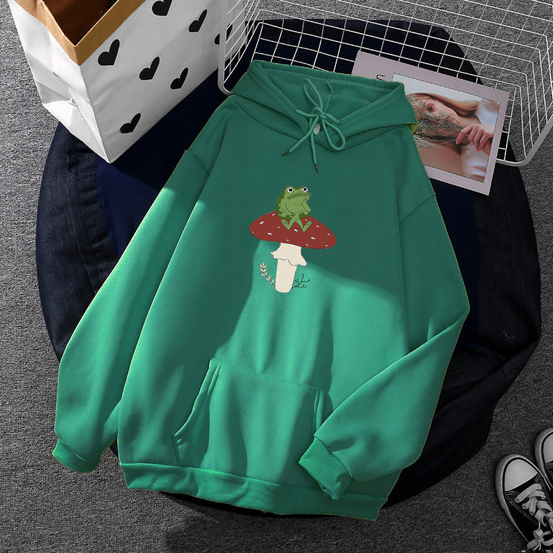 Damen oversized Kapuzenpullover mit Kängurutasche und Frosch‑Pilz-Print – Auréline