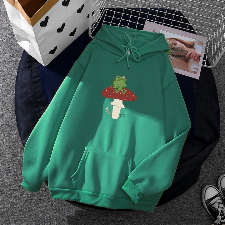 Damen oversized Kapuzenpullover mit Kängurutasche und Frosch‑Pilz-Print – Auréline