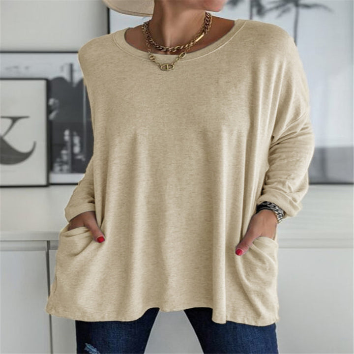 Damen nan oversized Longsleeve-Tunika mit Rundhalsausschnitt, überschnittener Schulter und aufgesetzten Taschen Echo Archiv