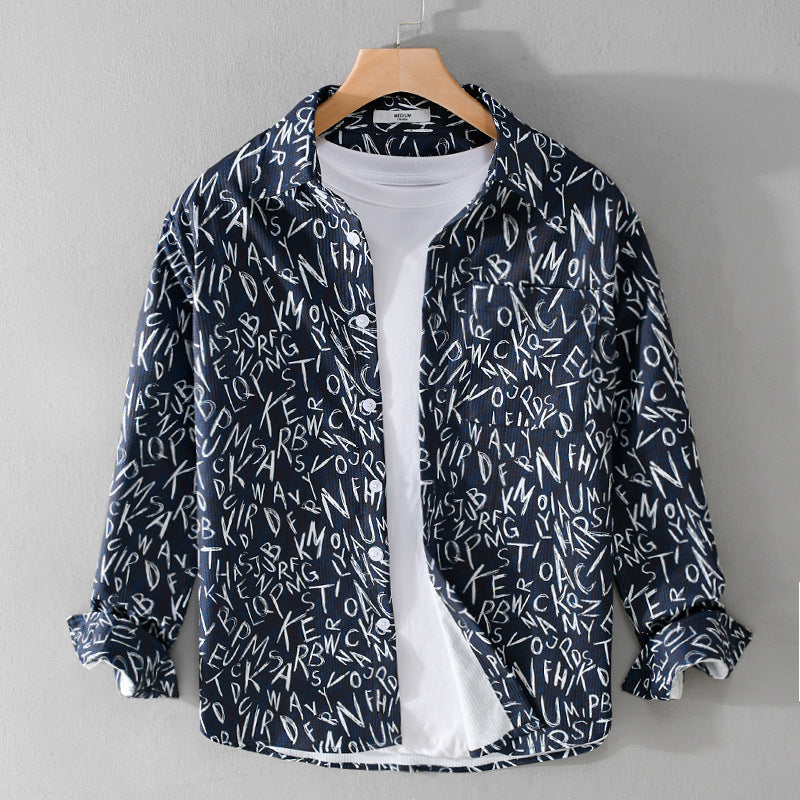 Herren Locker geschnittenes Langarm-Overshirt mit Allover-Letterprint und Brusttasche Echoarchiv