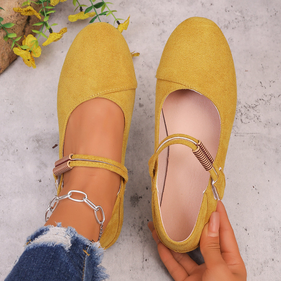 Damen flache Mary-Jane Ballerinas aus Veloursimitat mit elastischem Zierband und gepolsterter Komfortinnensohle – Lioré
