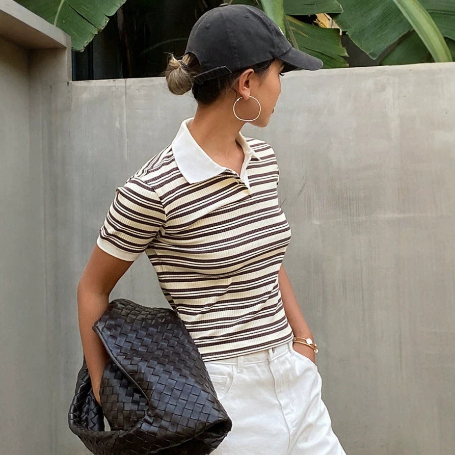 Damen Polo Shirt mit gestreiftem Design und feiner Rippstruktur Echo Archiv