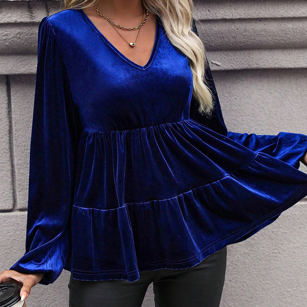 Damen samtiges Volant‑Peplum‑Top mit V‑Ausschnitt, geraffter Taille und langen Ballonärmeln – Avérine