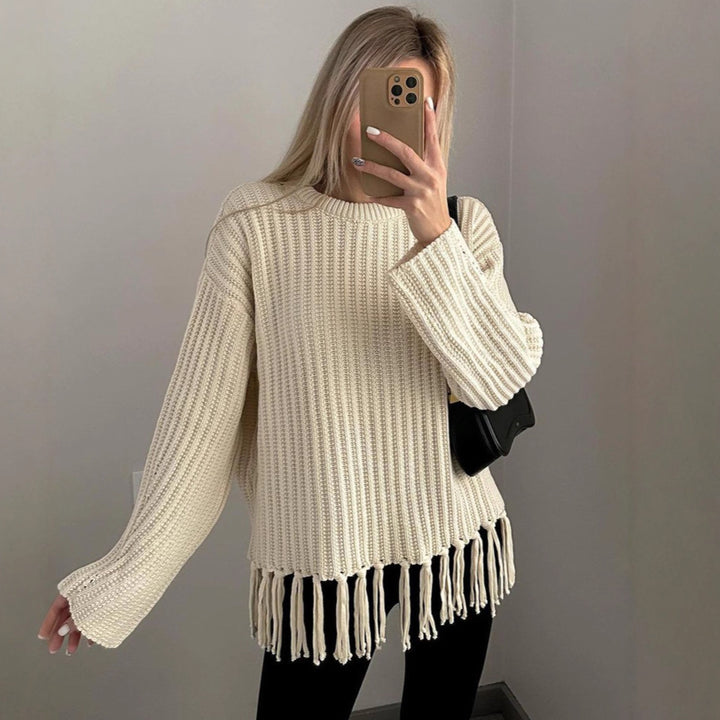 Damen lässiger Rippstrick-Pullover mit Fransen-Saum und Oversize-Silhouette – Mavelle
