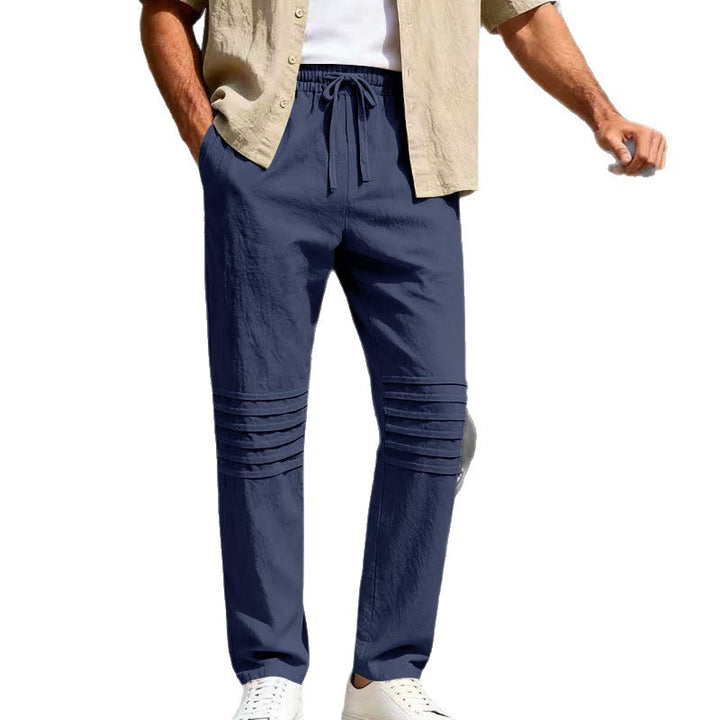 Herren Leinenoptik-Loungehose mit Tunnelzug elastischem Bund und abgesteppten Kniepanelen – Sorevano