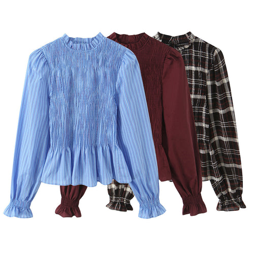 Damen Gestreifte Bluse mit Smok-Front, Stehkragen und Volant-Saum Echo Archiv
