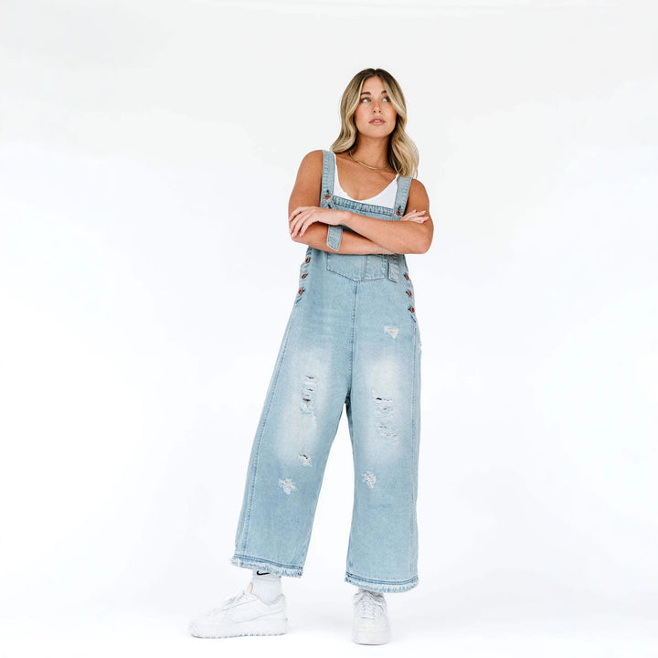 Damen nan lässige verwaschene Latzhose aus Jeansstoff mit Rissen und weitem Bein Echo Archiv