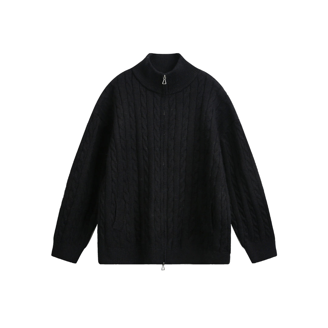 Unisex Grobstrick-Pullover mit Zopfmuster, hohem Stehkragen und Zwei-Wege-Reißverschluss Echoarchiv