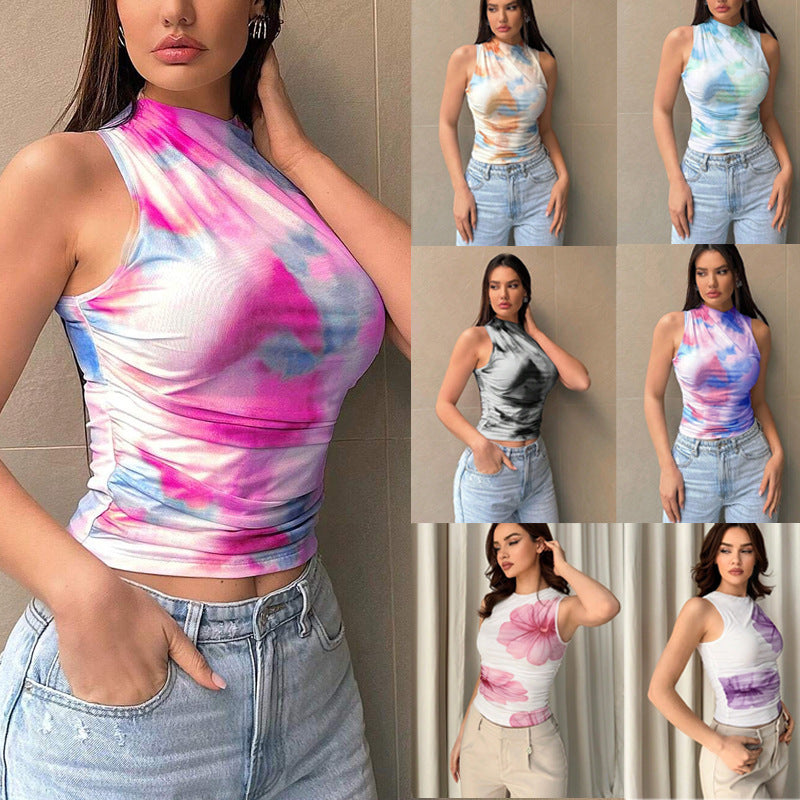 Damen Tailliertes Ärmelloses Top mit Stehkragen und Batik-Print Echo Archiv