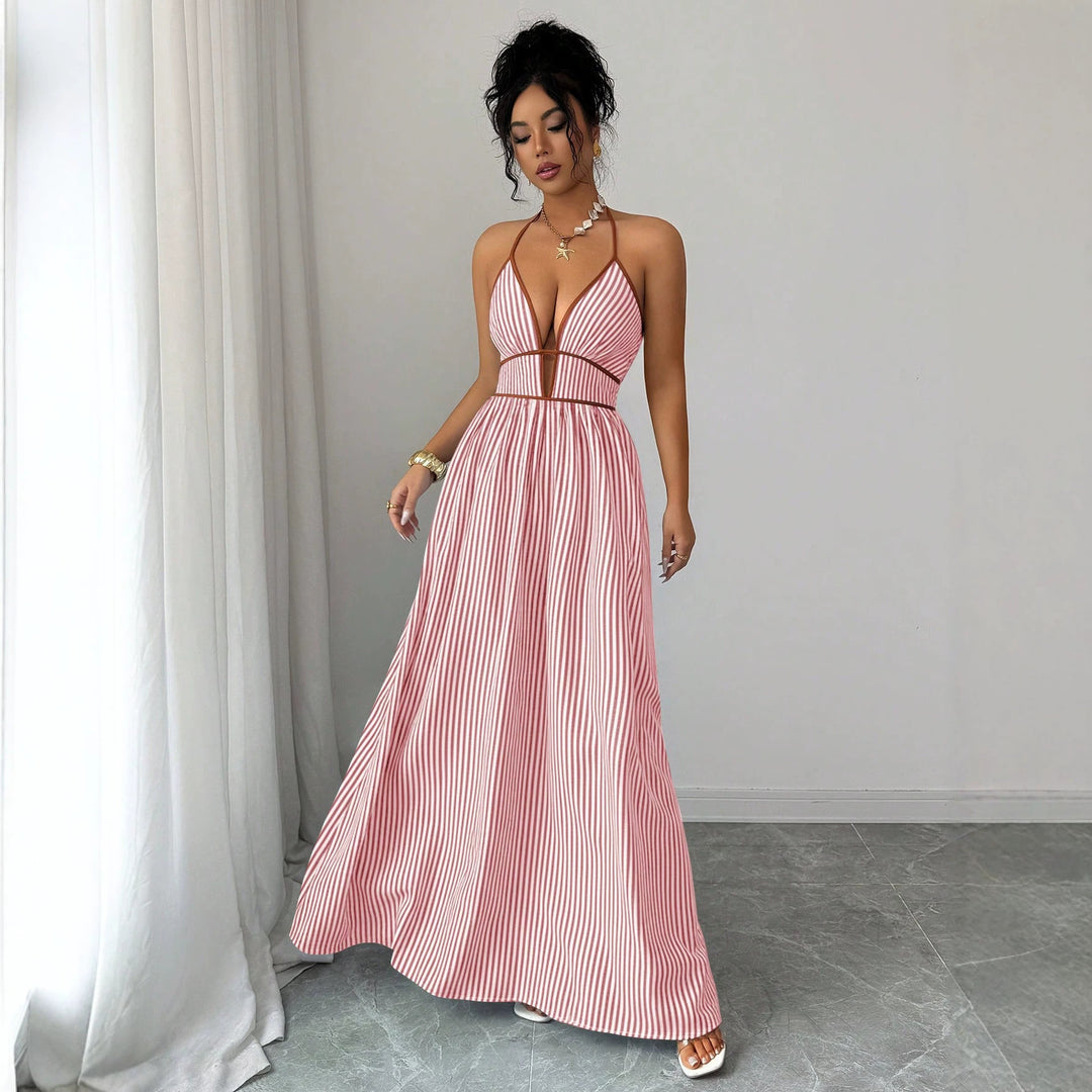Damen Gestreiftes Neckholder-Maxikleid mit tiefem V-Ausschnitt und Taillen-Cut-Out – Valéora