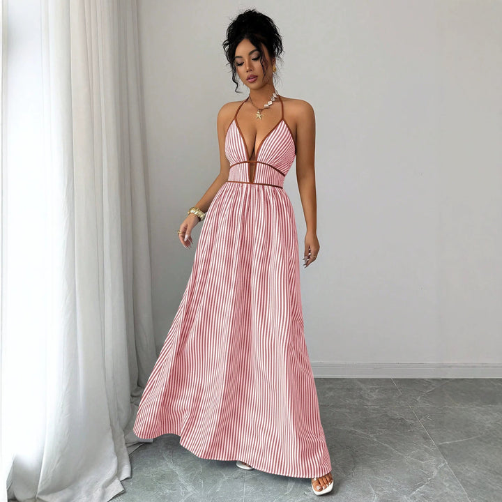 Damen Gestreiftes Neckholder-Maxikleid mit tiefem V-Ausschnitt und Taillen-Cut-Out – Valéora