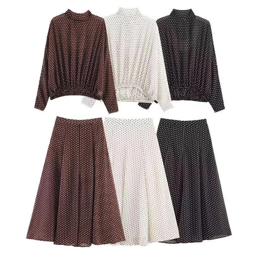 Damen Zweiteiliges Pünktchen-Set mit Stehkragenbluse und ausgestelltem Midirock Echo Archiv